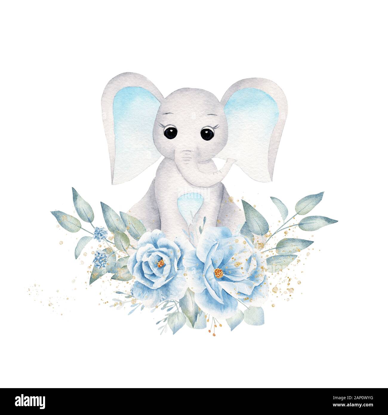 Baby elephant with blue flowers and leafage hand drawn raster illustration. Cute animal boy and bouquet isolated watercolor composition. Aquarelle ele Stock Photo