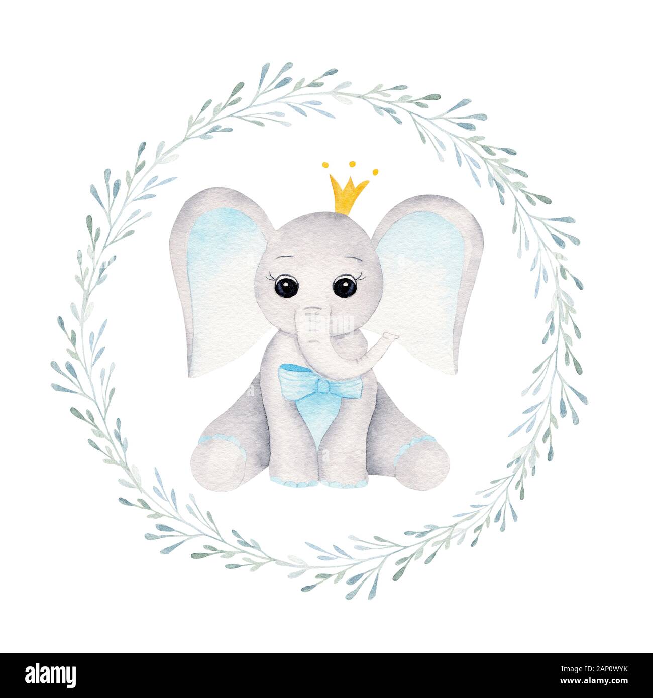 Prince baby elephant in floral frame hand drawn raster illustration. Animal boy and plant twigs with leaves isolated watercolor composition. Elephant Stock Photo