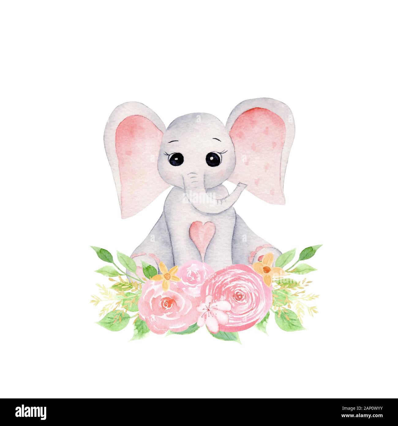 Baby elephant with pink flowers and green foliage hand drawn raster illustration. Cute animal girl and bouquet isolated watercolor composition. Aquare Stock Photo