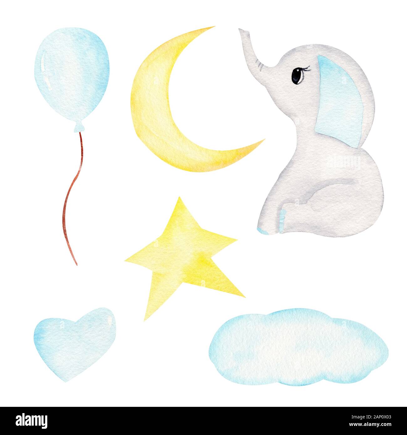 Baby elephant and celestial bodies hand drawn raster illustration. Animal boy and balloon, star, moon and clouds watercolor set. Cute isolated aquarel Stock Photo