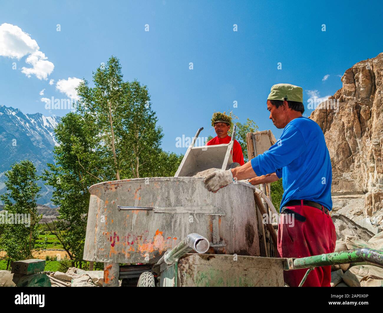Road construction at Karakorum Highway by chinese workers, working at a