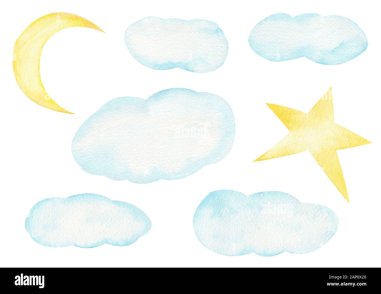 Clouds and heavenly bodies hand drawn raster illustration. Crescent, half moon and star, night sky elements watercolor collection. Aquarelle celestial Stock Photo