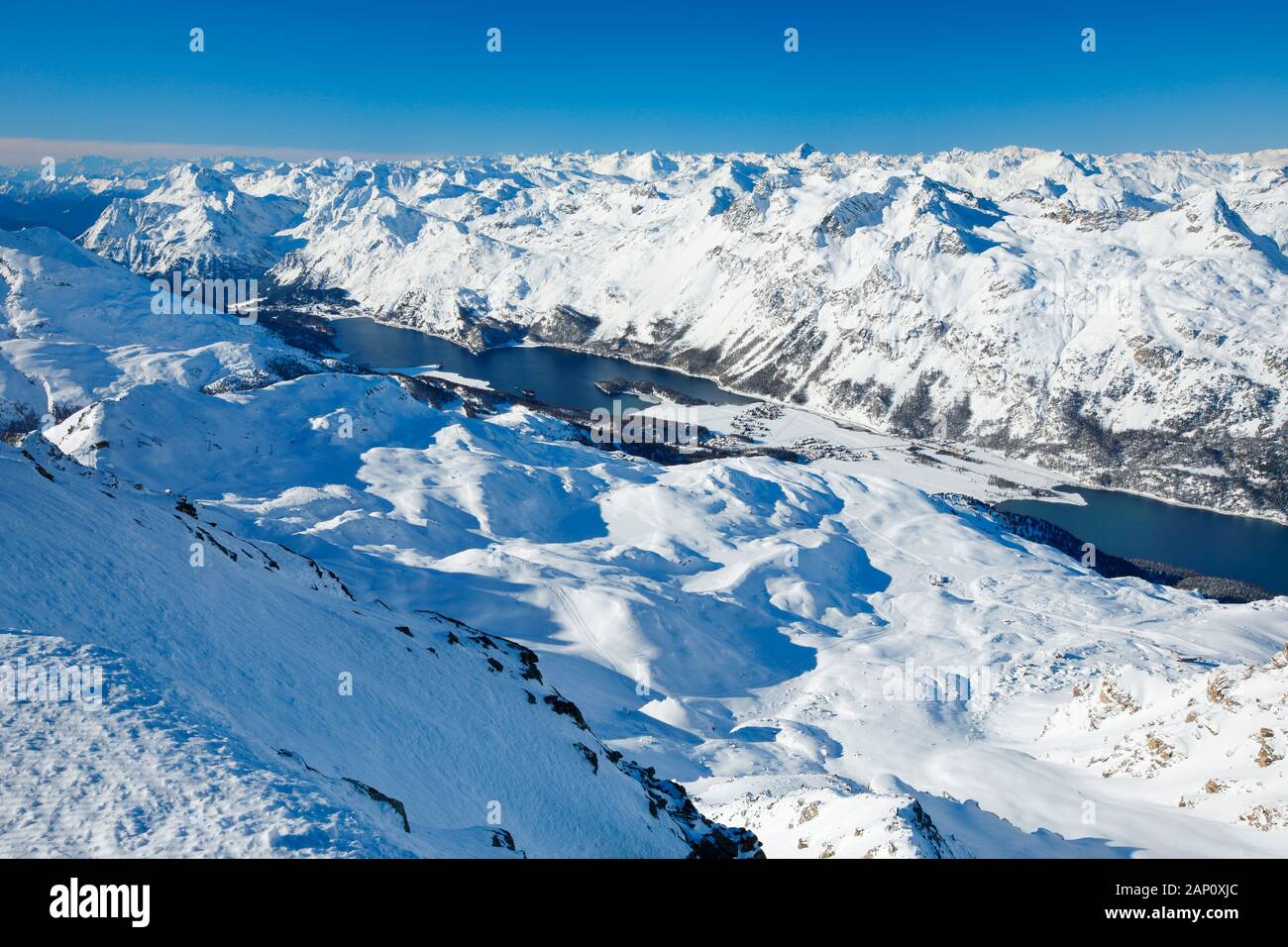 View from Piz Corvatsch (3451 m) in winter. Graubuenden, Switzerland Stock Photo