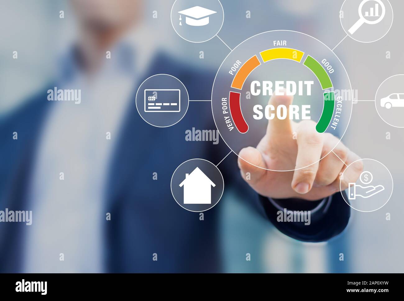 Credit Score rating based on debt reports showing creditworthiness or risk of individuals for student loan, mortgage and payment cards, concept with b Stock Photo