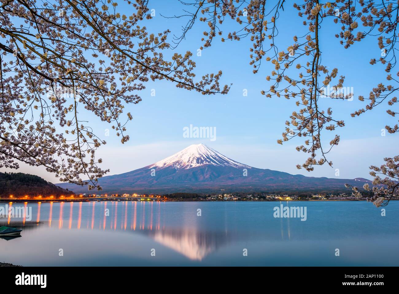 Mt. Fuji, Japan on Lake Kawaguchi during spring season. Stock Photo