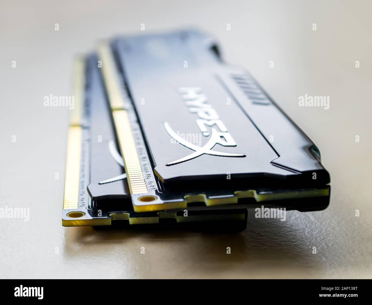Varna, Bulgaria, January 19, 2020. Two RAM Kingston Fury memory modules on a table. DIMM DDR 4 Kingston HyperX Fury on a gray surface. Side view. Stock Photo