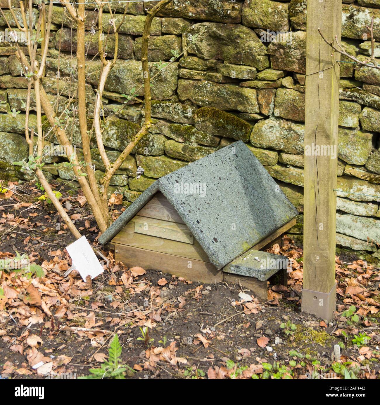 Hedgehog house in the volunteer-maintained kitchen garden of Turton Tower, Lancashire. Stock Photo