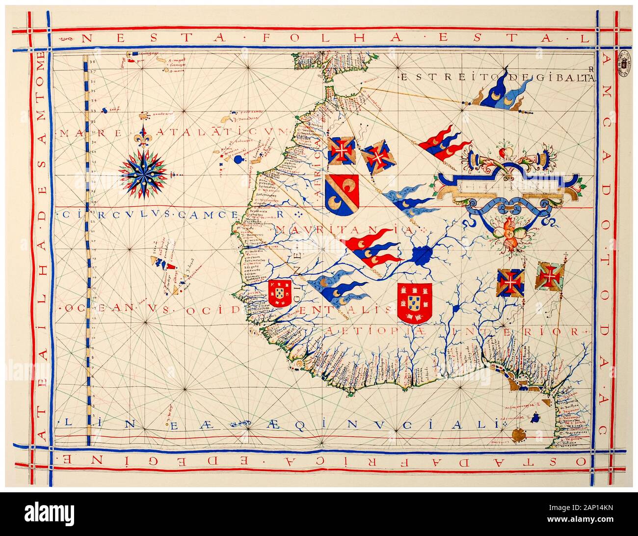 Old 16th Century Vintage Map of West Africa in a nautical chart of Portuguese cartographer Fernão Vaz Dourado, illustration, 1571 Stock Photo