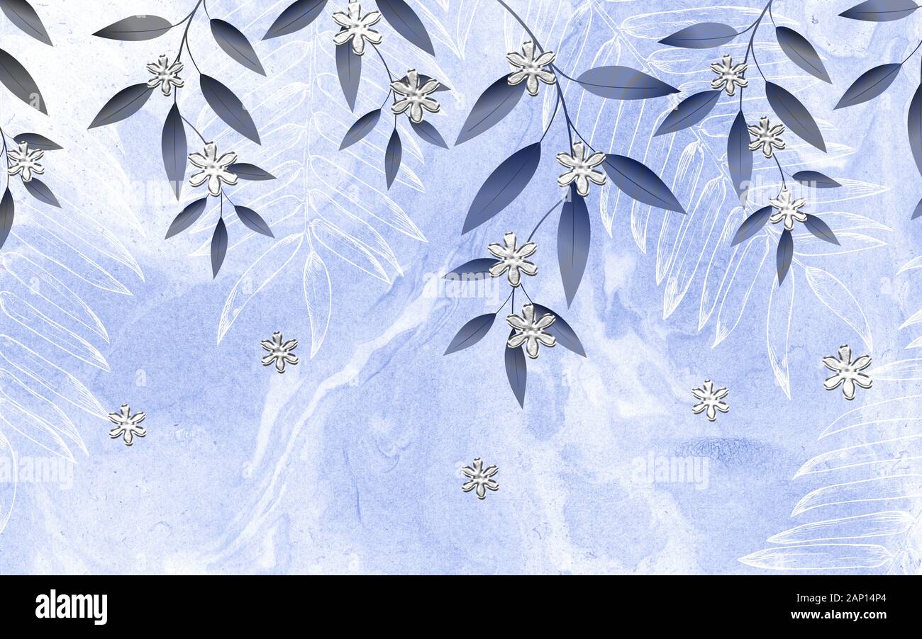 Thin branches with leaves on a blue background, large silver snowflakes Stock Photo