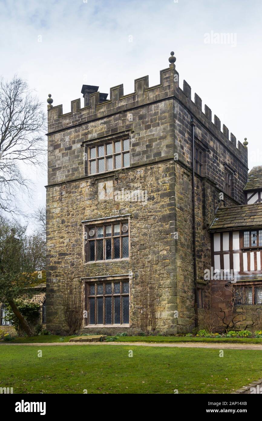 Exterior of Turton Tower, Lancashire. The stone-built central section of the building dates from the 14th century, other parts from 18th and 19th C. Stock Photo