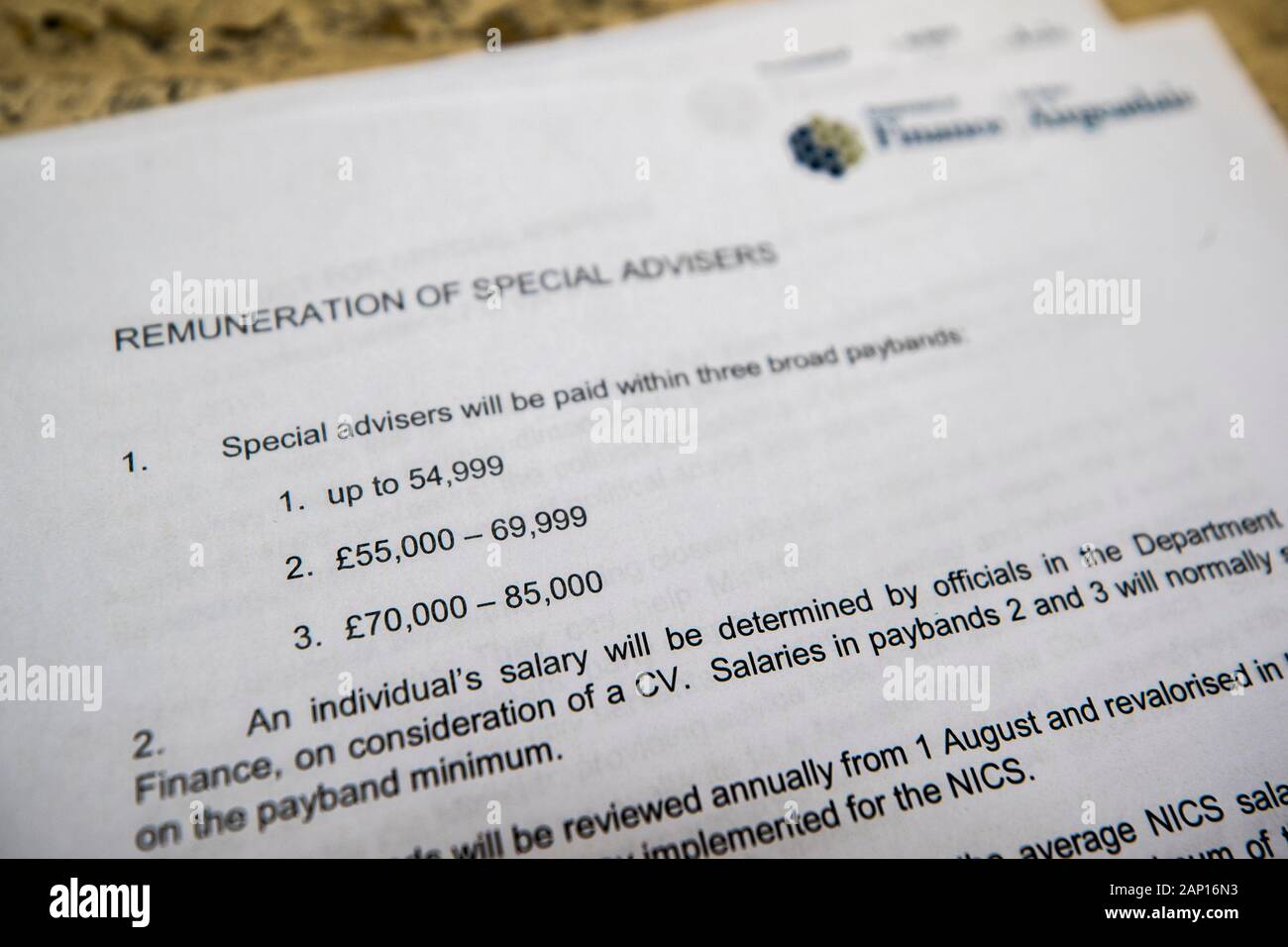 Documentation from the Northern Ireland Department of Finance detailing the renumeration of special advisers know as SPAD's, with the three pay bands. Stock Photo