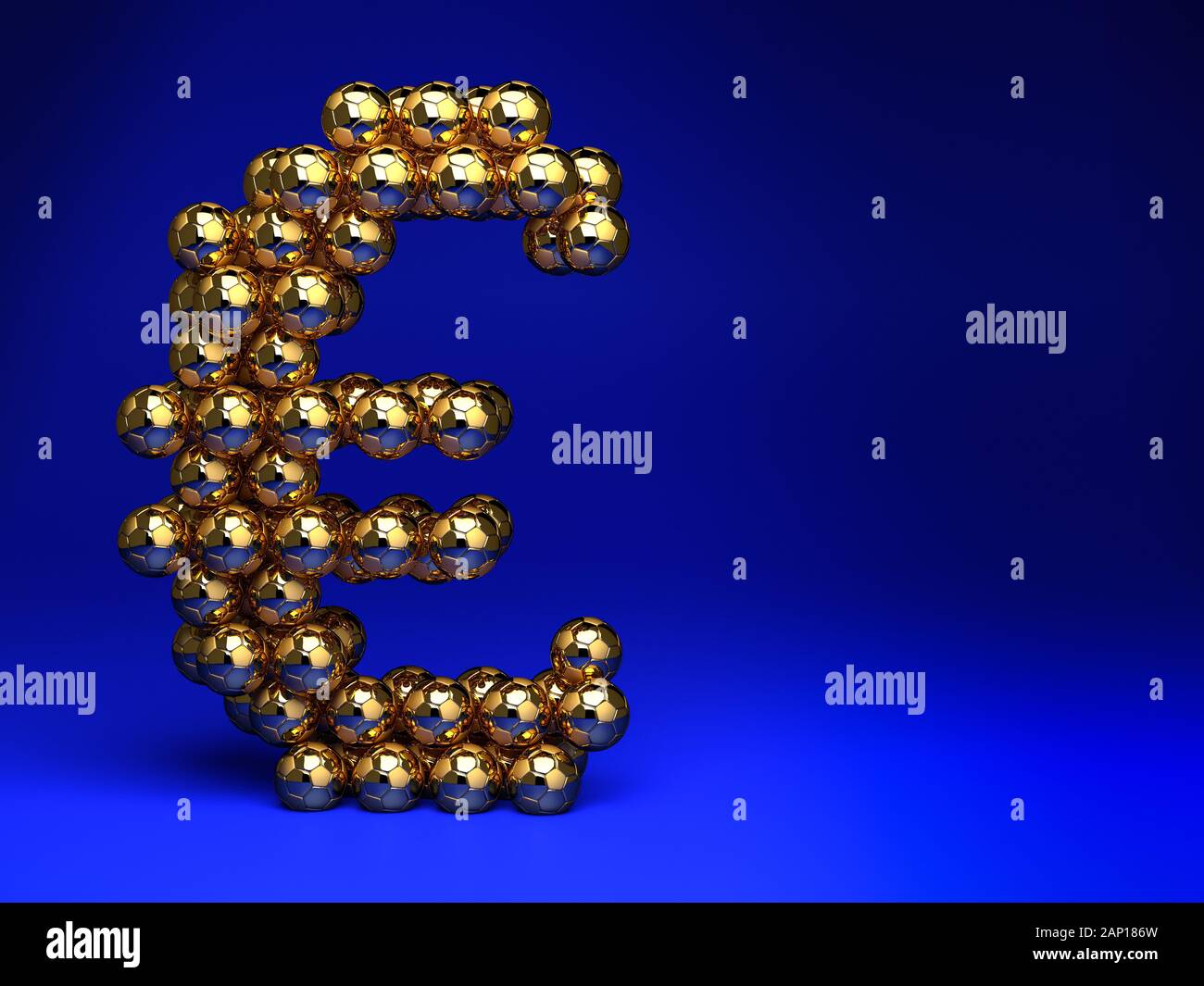3D rendering: Golden Soccer balls forming a Euro sign. Big Business in sports, football, soccer. Blue Background. Stock Photo