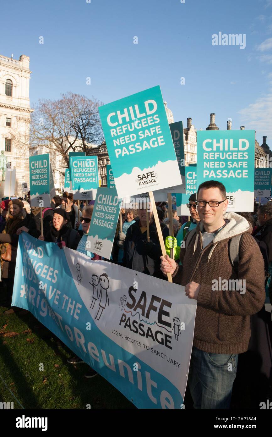 Westminster, UK, 20 Jan 2020: campaigners rally outside Parliament to demand fair treatment for child refugees trying to join their families in the UK. Anna Watson/Alamy Live News Stock Photo