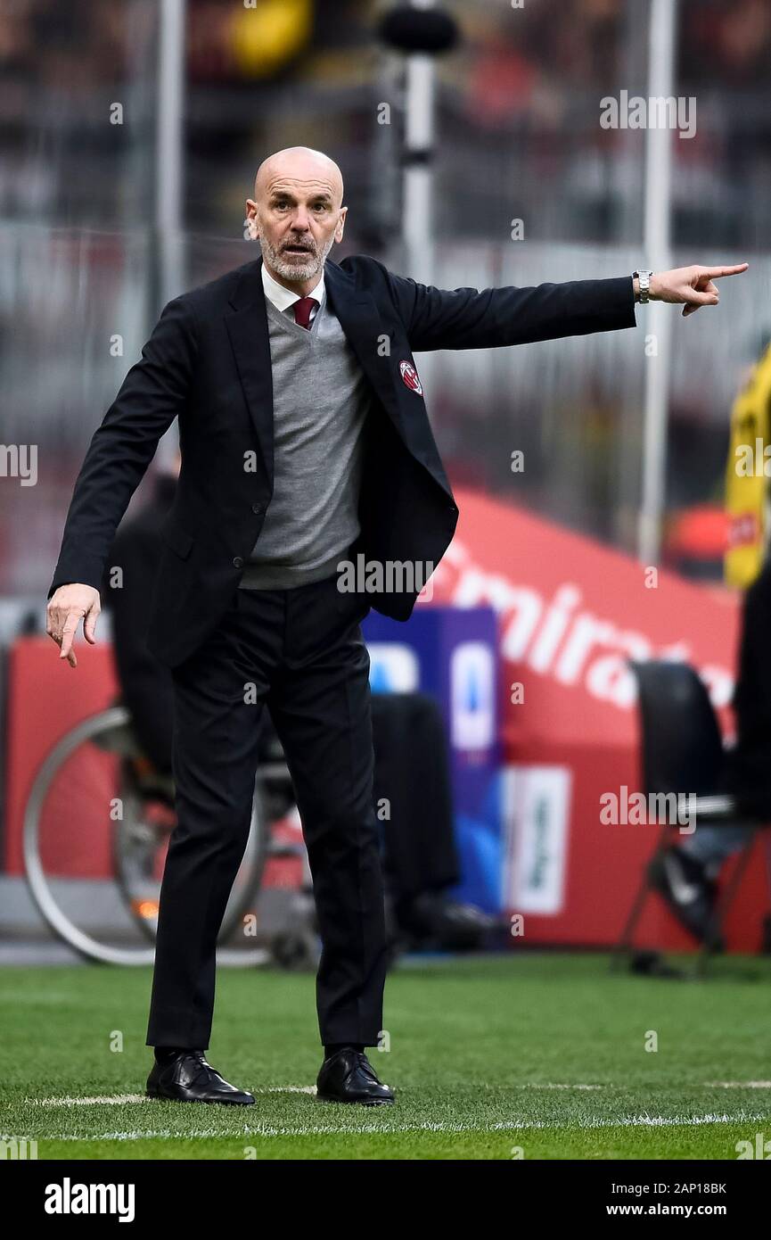 Milan, Italy - 19 January, 2020: Stefano Pioli, head coach of AC Milan,  gestures during the Serie A football match between AC Milan and Udinese  Calcio. AC Milan won 3-2 over Udinese
