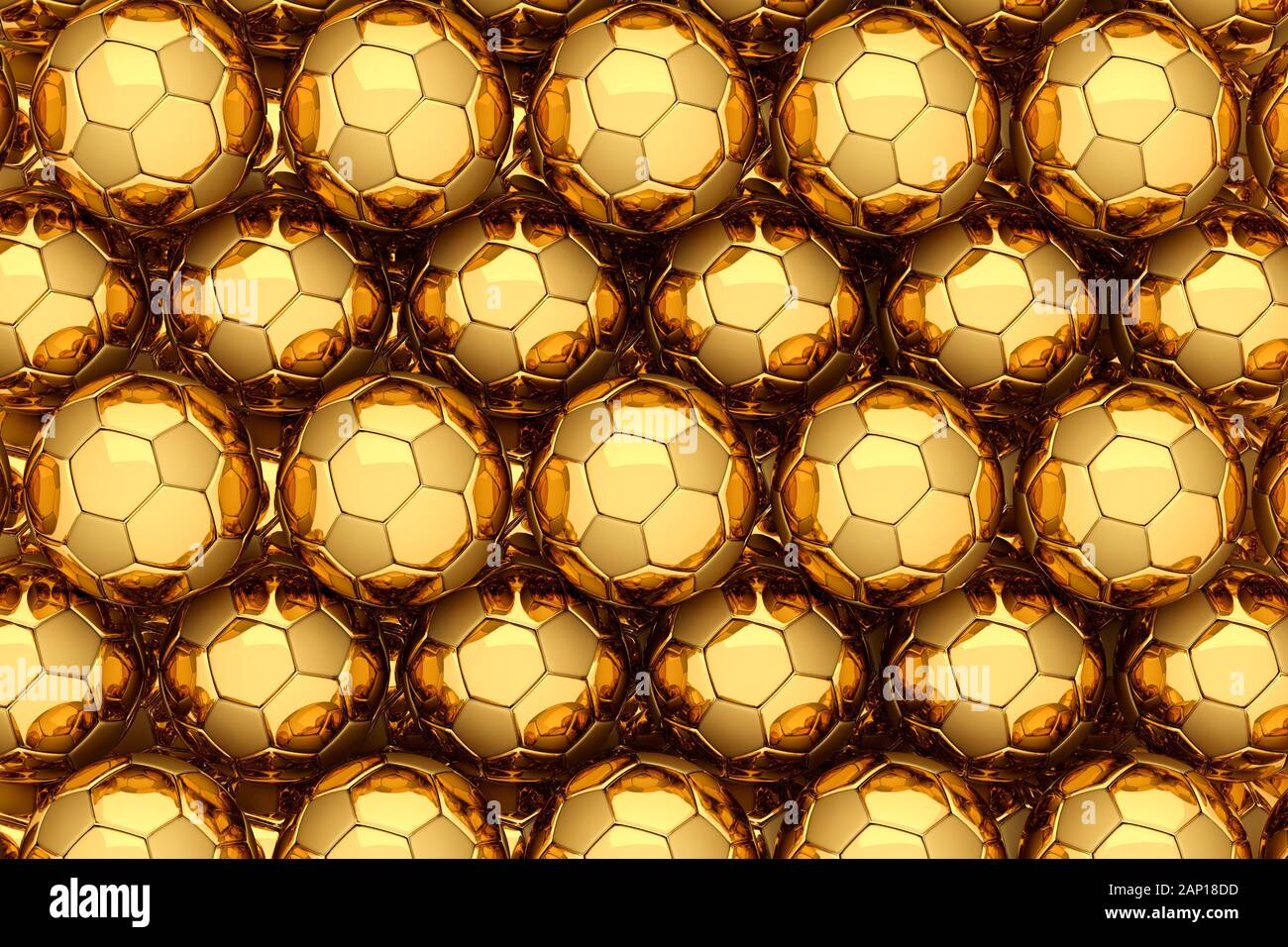 3D rendering: Full frame image of a heap of Golden Soccer balls. Big Business in sports, football, soccer. Stock Photo