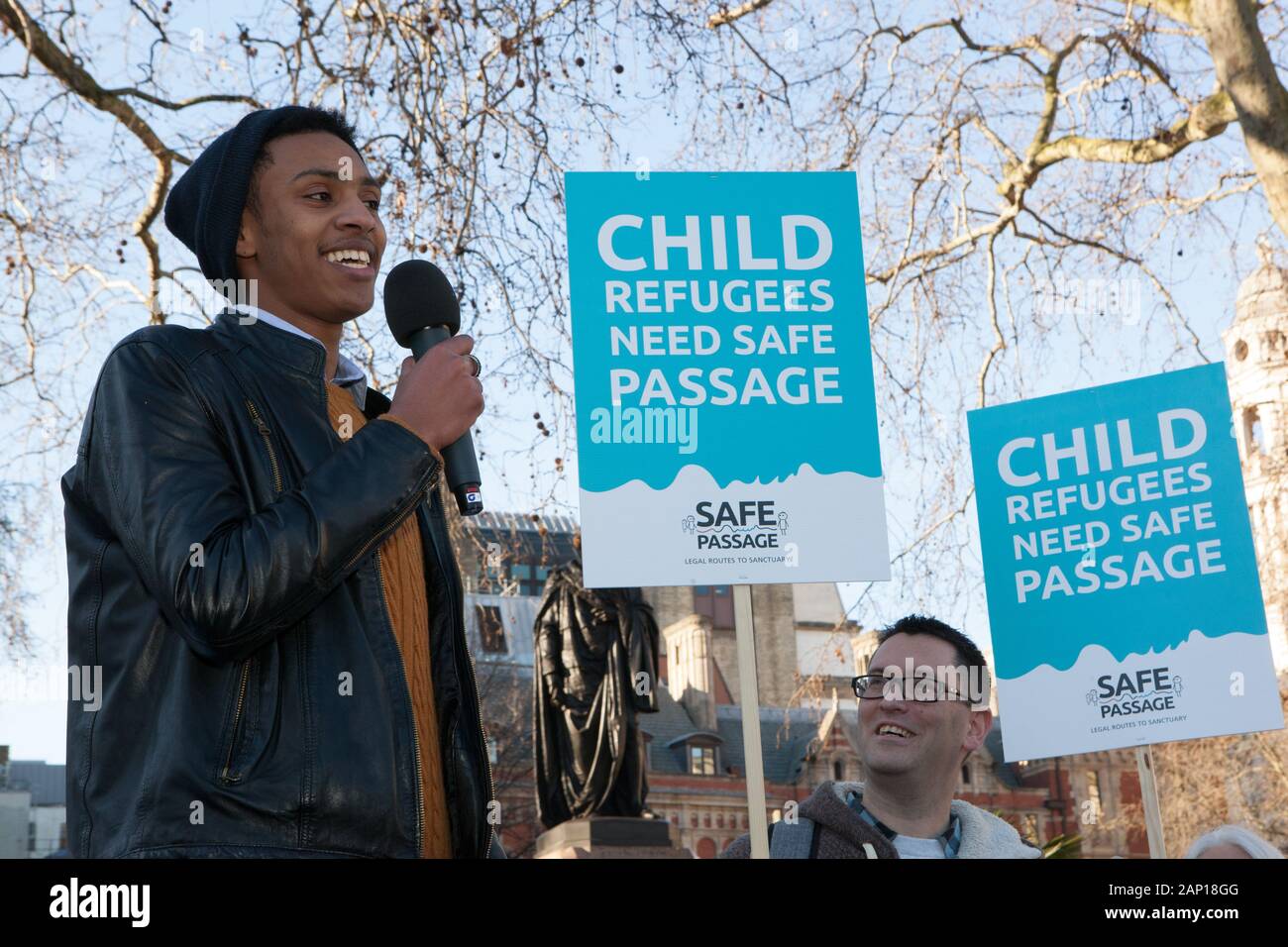 Westminster, UK, 20 Jan 2020: Eritrean child refugee Ridwan, 17, addresses a rally outside Parliament to demand fair treatment for child refugees trying to join their families in the UK. Anna Watson/Alamy Live News Stock Photo