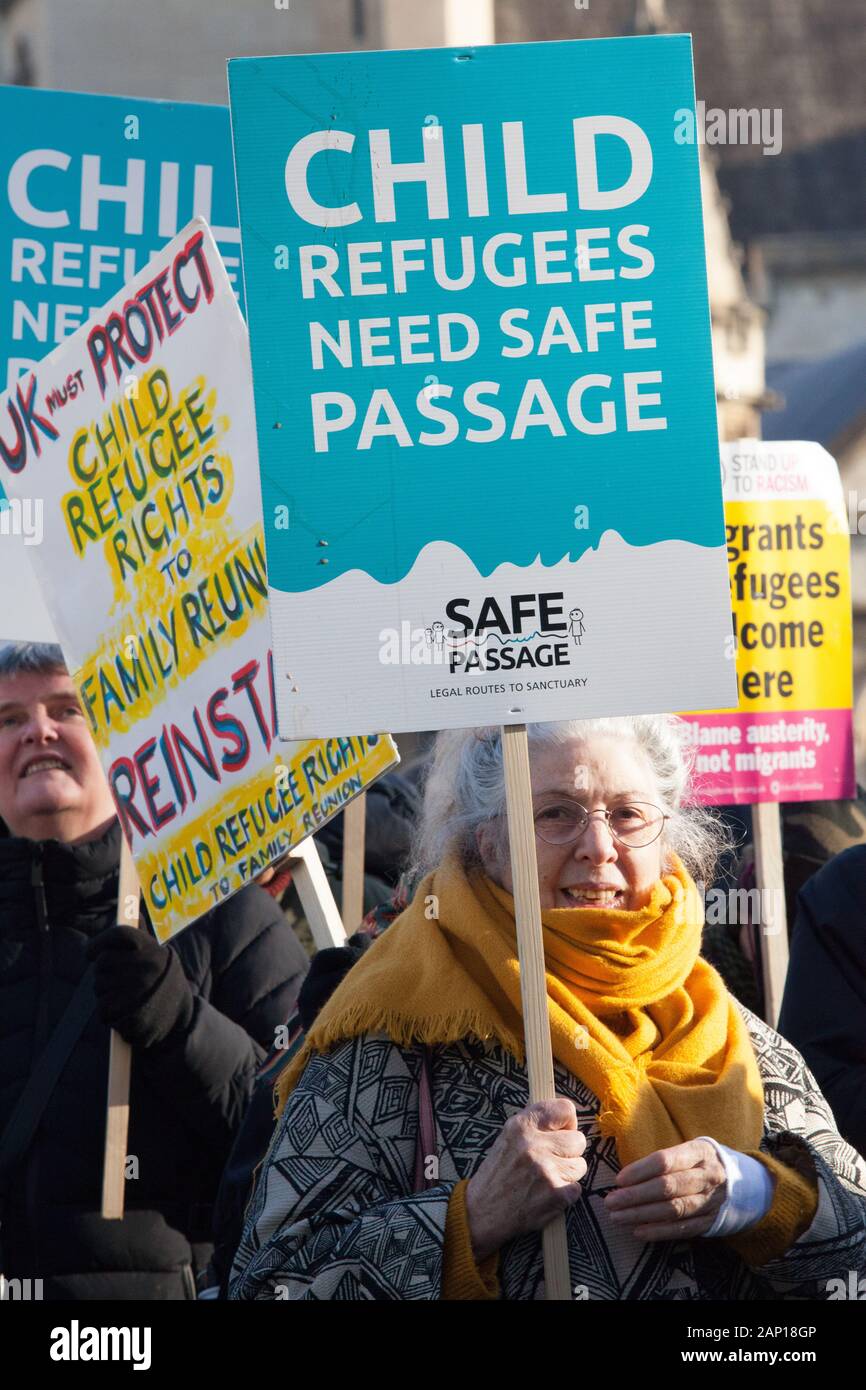 Westminster, UK, 20 Jan 2020: campaigners rally outside Parliament to demand fair treatment for child refugees trying to join their families in the UK. Anna Watson/Alamy Live News Stock Photo