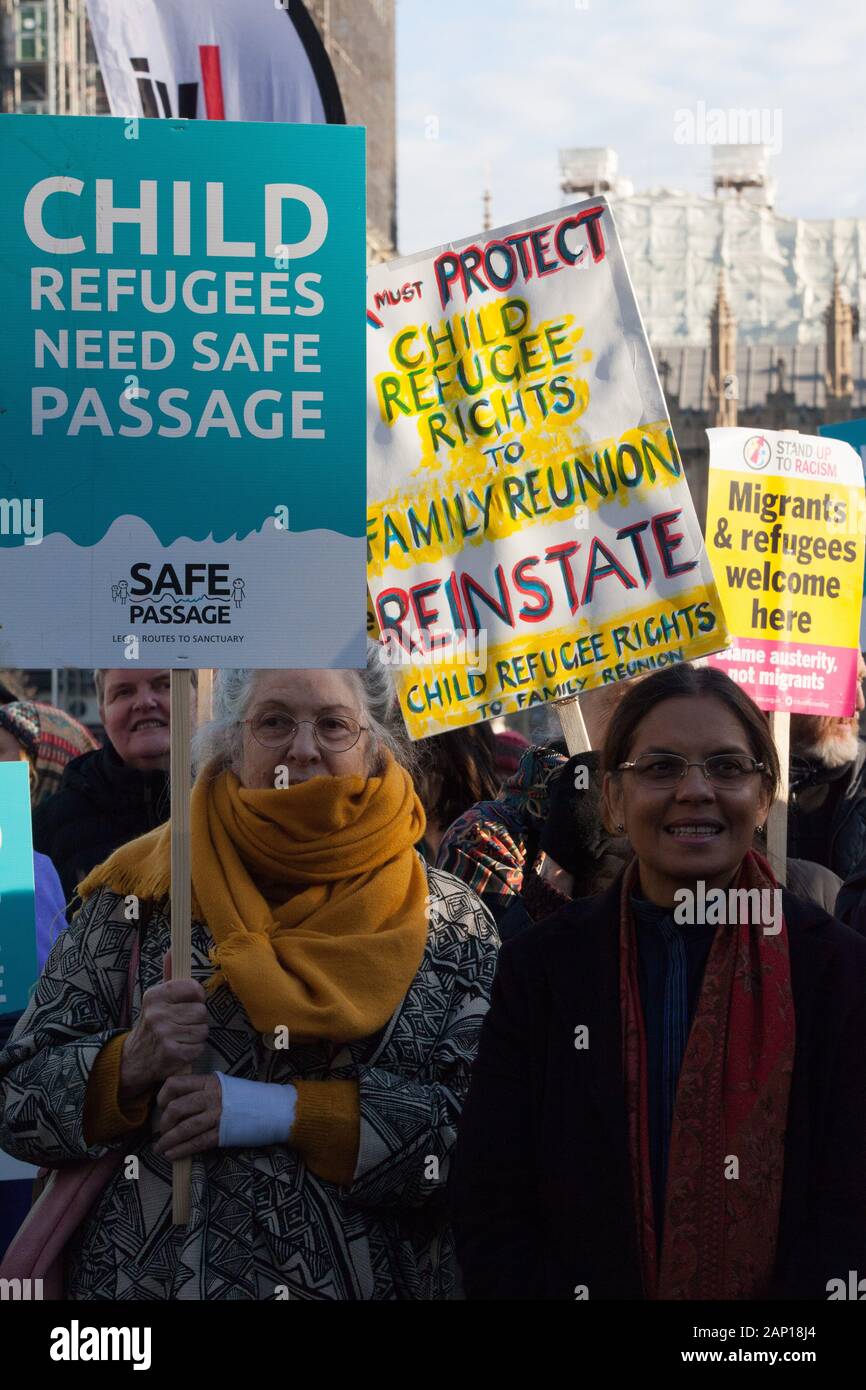 Westminster, UK, 20 Jan 2020: campaigners rally outside Parliament to demand fair treatment for child refugees trying to join their families in the UK. Anna Watson/Alamy Live News Stock Photo