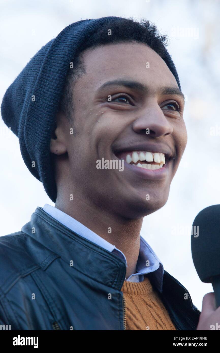 Westminster, UK, 20 Jan 2020: Eritrean child refugee Ridwan, 17, addresses a rally outside Parliament to demand fair treatment for child refugees trying to join their families in the UK. Anna Watson/Alamy Live News Stock Photo