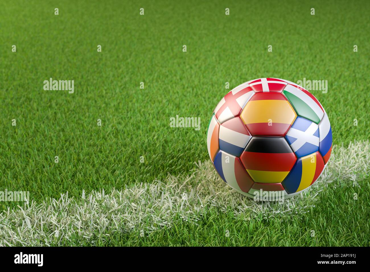 3D render Soccer ball with flags of all hosting countries of European