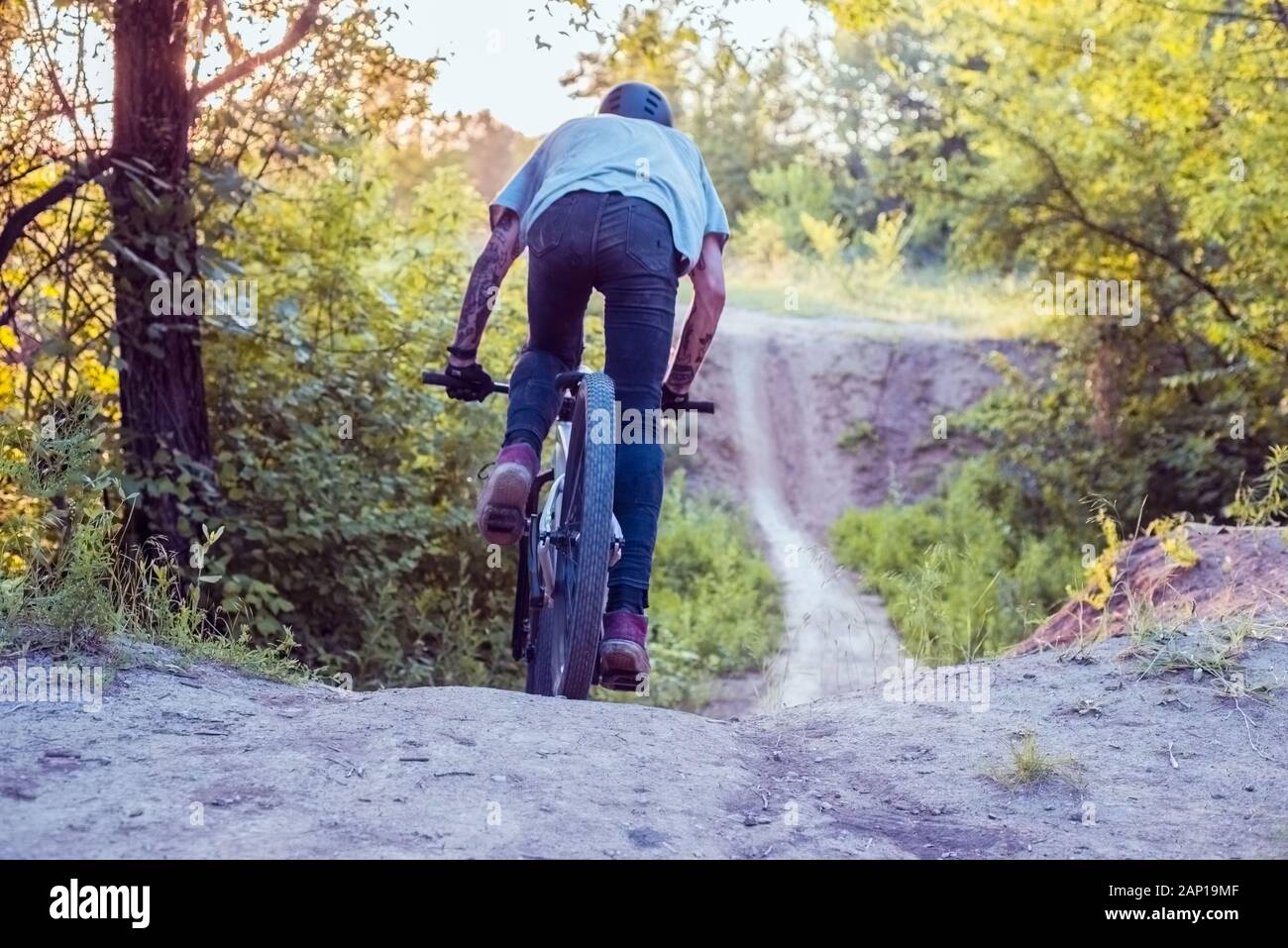 athlete, cyclist rides on a road in the forest. Cycling Stock Photo