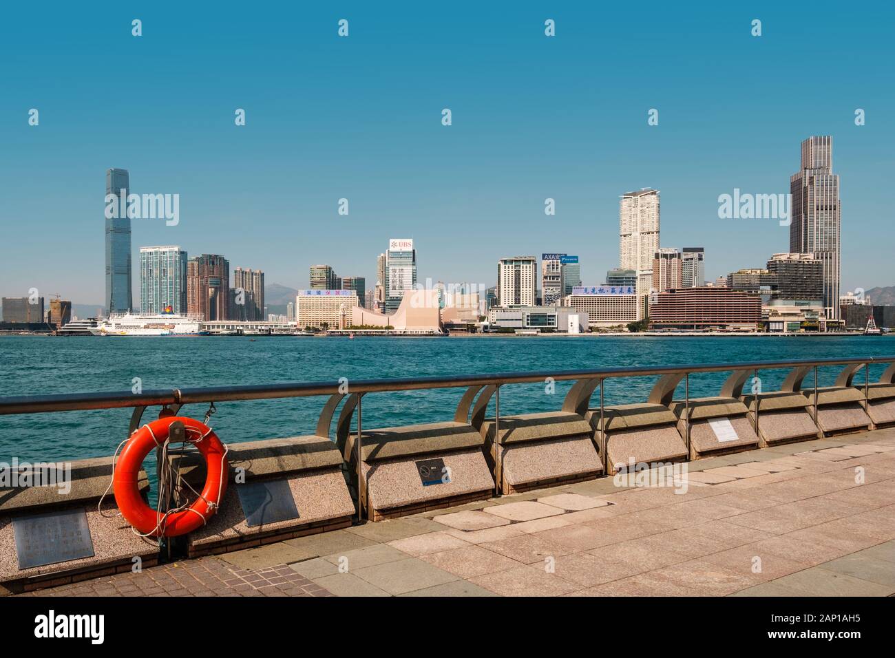 HongKong, China - November, 2019: Sidewalk, railing and lifebelt at ...