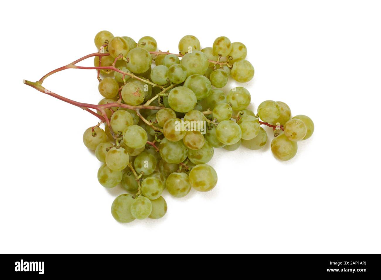 Green bunch of grapes on white isolated background. Top view. Stock Photo