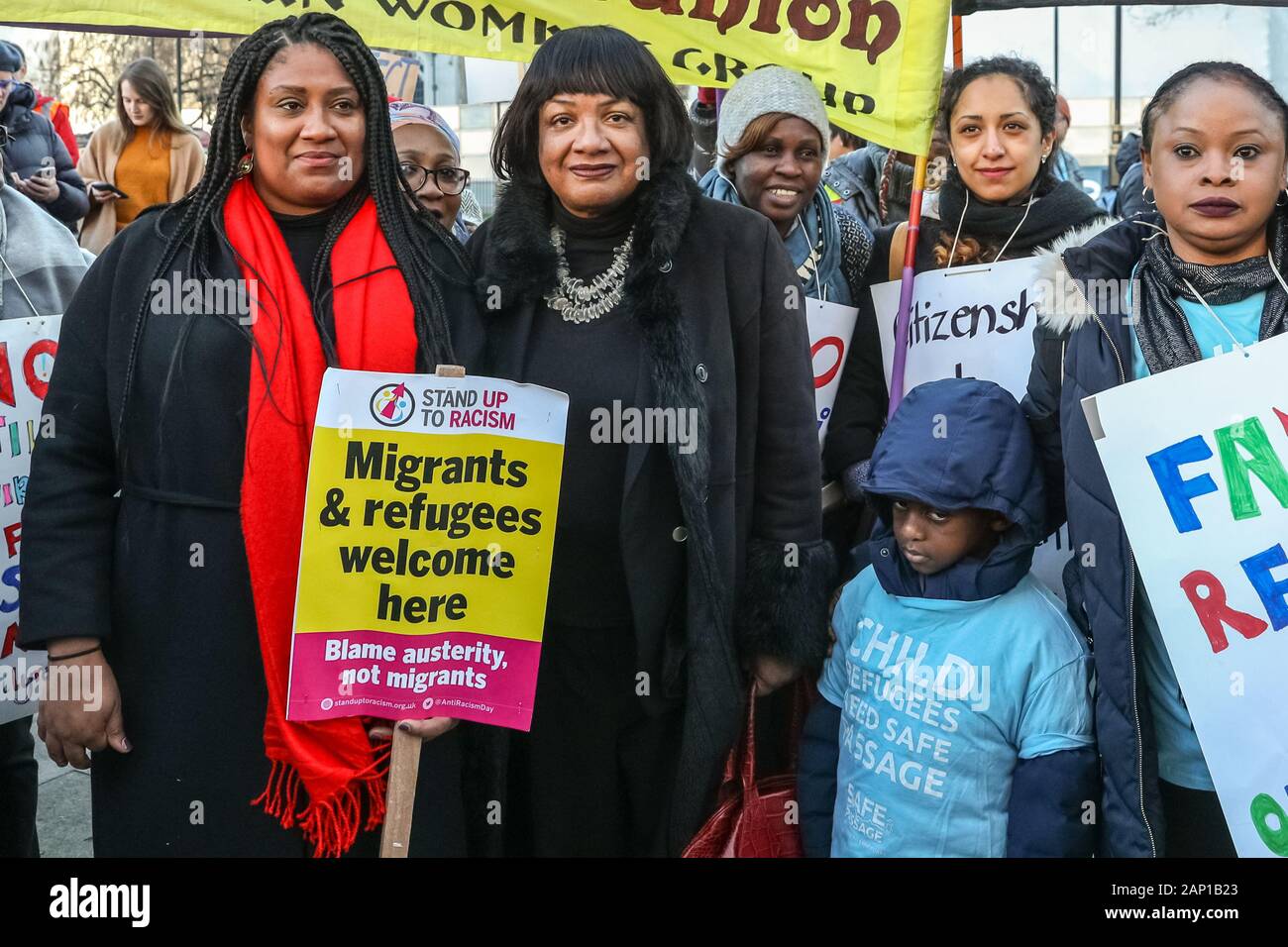 Westminster, London, 20th Jan 2020. Diane Abbott,  Shadow Home Secretary, Labour politician, with representatives of refugee and family reunion groups. Alfred Dubs, Baron Dubs, British Labour peer and politician, has tabled a new amendment to the Immigration Act to ensure protections for child refugees remain in the Withdrawal Agreement Bill (WAB). The amendment is to be discussed in the Lords with a chance that the government could face defeat over the issue. Credit: Imageplotter/Alamy Live News Stock Photo