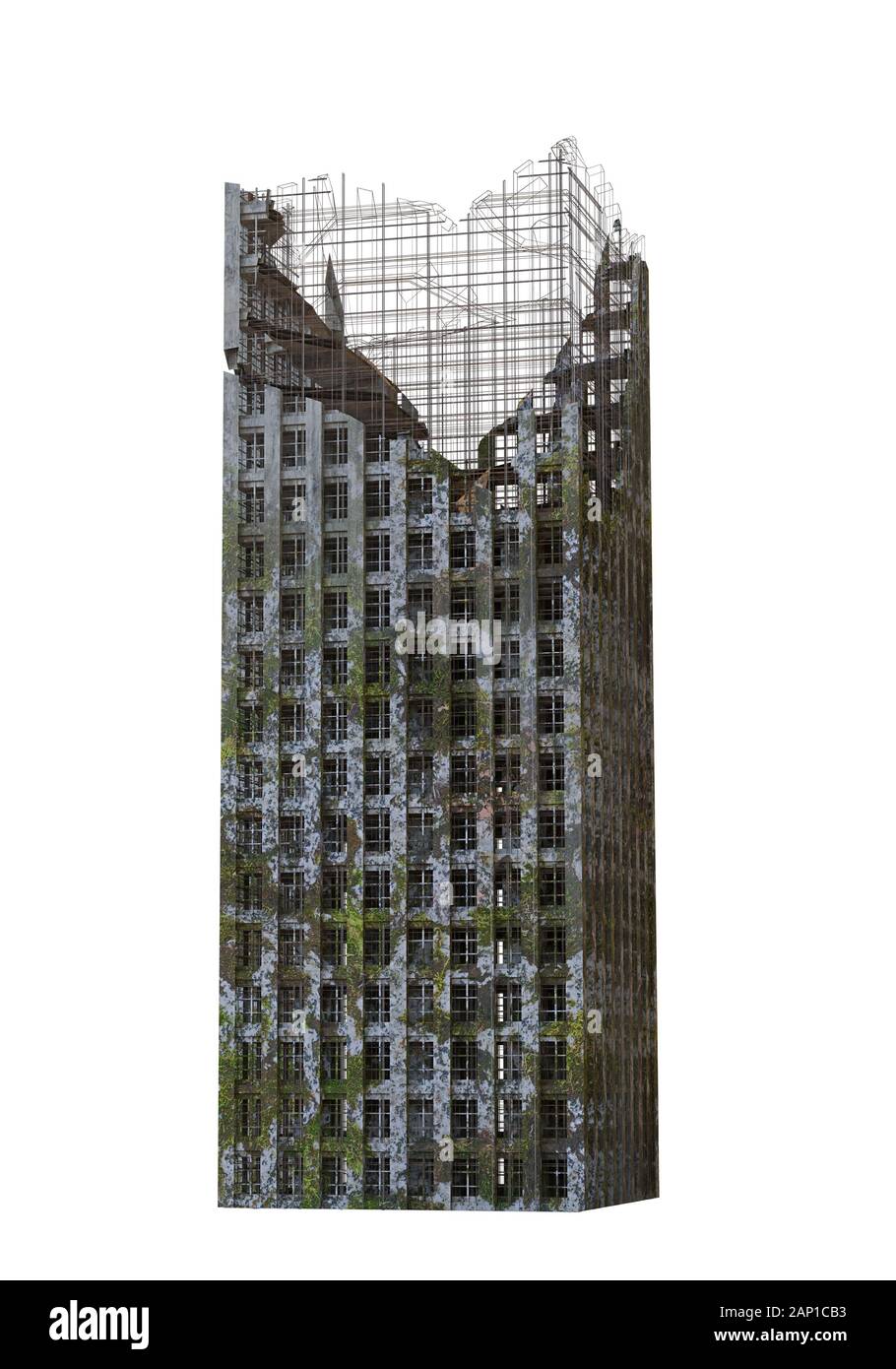 ruined skyscraper, tall and overgrown post apocalyptic building isolated on white background Stock Photo