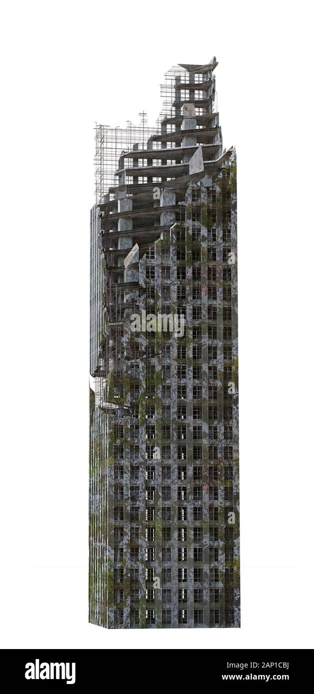 ruined skyscraper, tall and overgrown post apocalyptic building isolated on white background Stock Photo