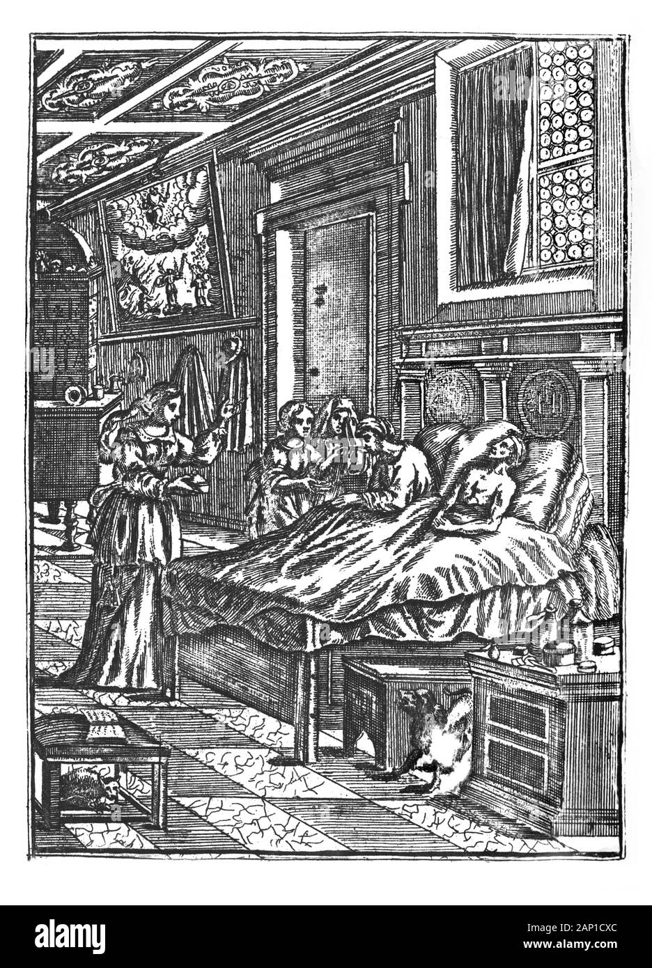 Antique vintage historical engraving or drawing of two sick man lying in bed in care of three women. Treatment, Healthcare in the Past.Illustration from Book Die Betrubte Und noch Ihrem Beliebten..., Austrian Empire,1716. Artist is unknown. Stock Photo