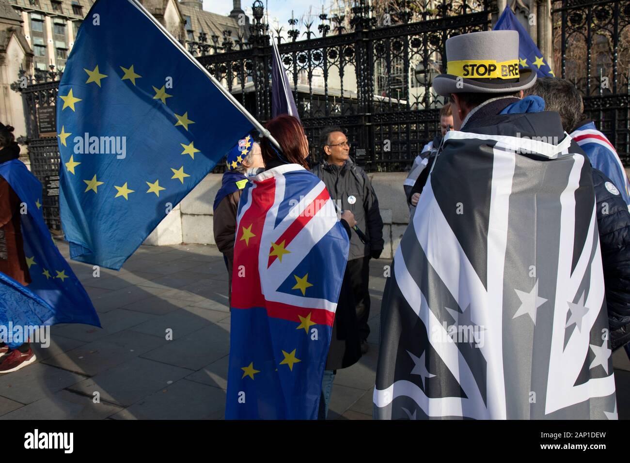 Anti Brexit protester Steve Bray wearing his new black and grey UK and European Union flags which he says are due to feeling sombre at Westminster outside Parliament on 15th January 2020 in London, England, United Kingdom. With a majority Conservative government in power and Brexit day at the end of January looming, the role of these protesters is now to demonstrate in the hope of the softest Brexit deal possible. Stock Photo