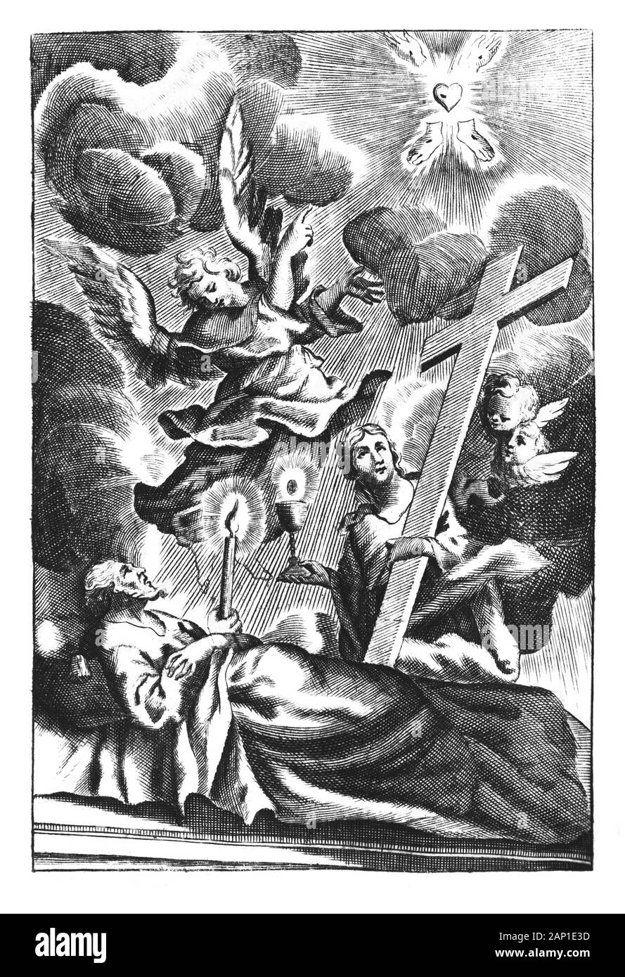 Antique vintage religious allegorical Christian engraving or drawing of dying old man directed by angel to heaven and woman holding big cross.Illustration from Book Die Betrubte Und noch Ihrem Beliebten..., Austrian Empire,1716. Artist is unknown. Stock Photo