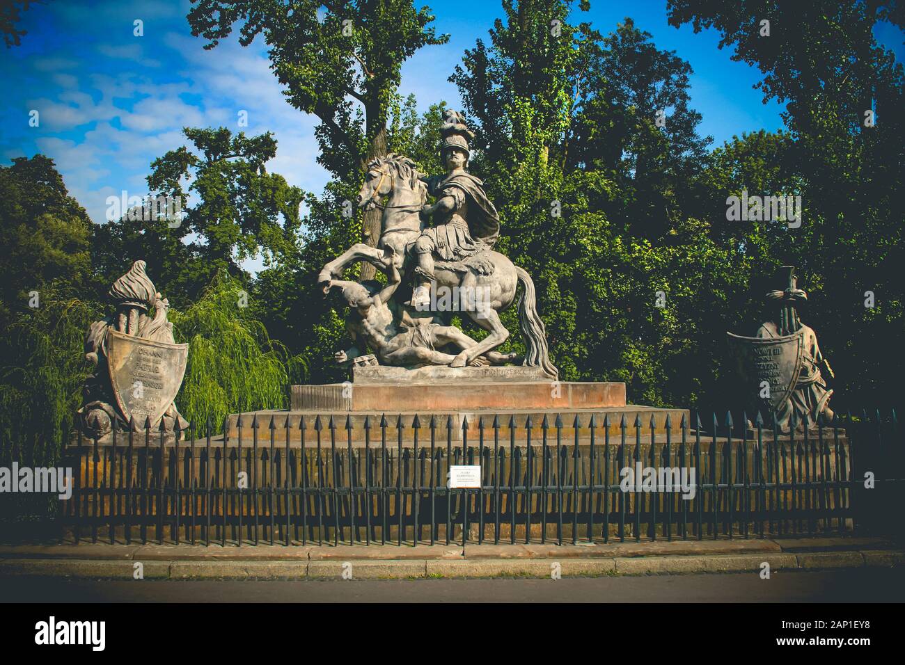 King Jan III Sobieski  monument in Warsaw, Poland, with trees in background Stock Photo