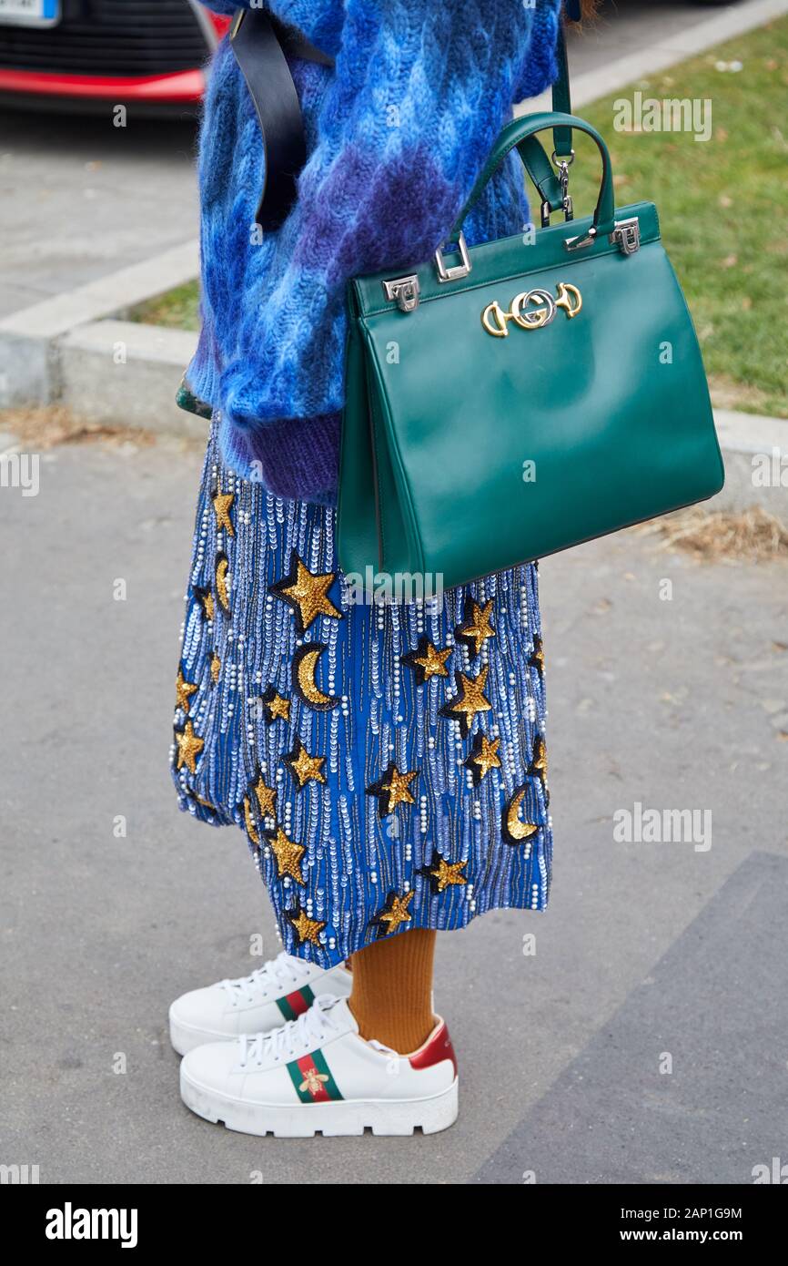 Woman with Gucci Bag with Bee and Green and Red Stripes before Emporio  Armani Fashion Show, Milan Fashion Week Editorial Image - Image of people,  week: 194562400