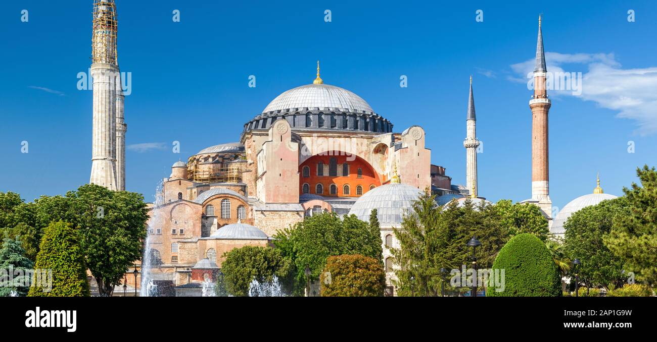 Hagia Sophia in summer, Istanbul, Turkey. Ancient Hagia Sophia or Aya Sofya is a top landmark of Istanbul. Panoramic scenic view of the former cathedr Stock Photo