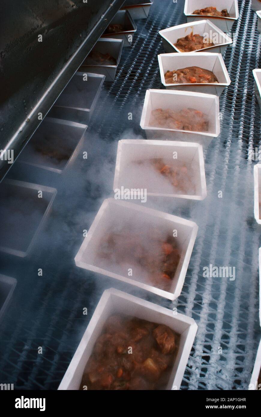 processed flash frozen beef stew on a factory conveyor belt Stock Photo