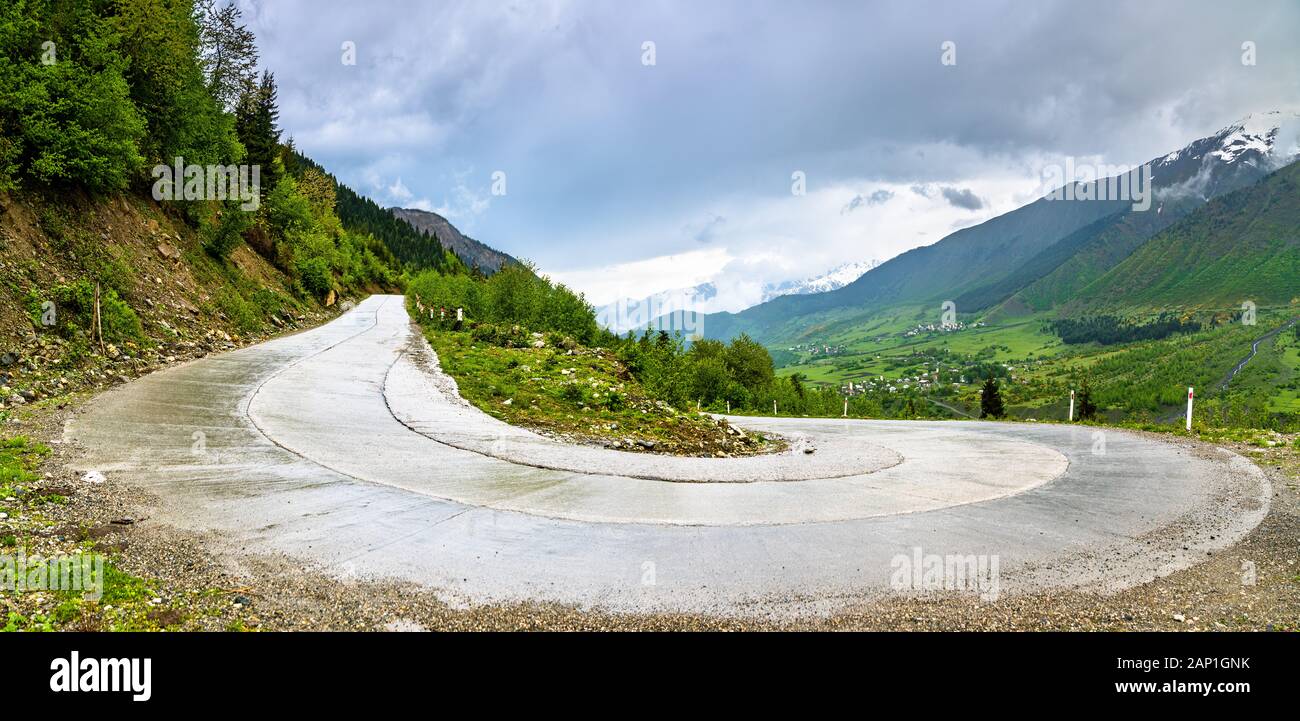 Hairpin Turn On The Road From Mestia To Ushguli In Georgia Stock