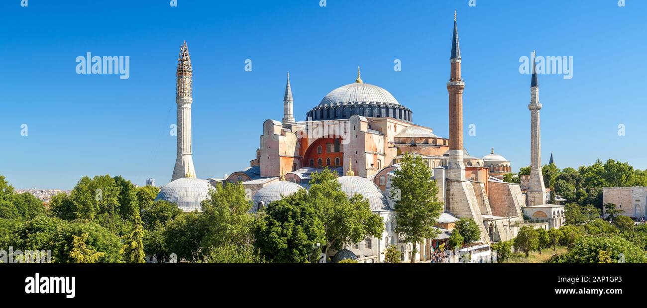 Hagia Sophia in summer, Istanbul, Turkey. Ancient Hagia Sophia or Aya Sofya is a top landmark of Istanbul. Panoramic scenic view of the former cathedr Stock Photo