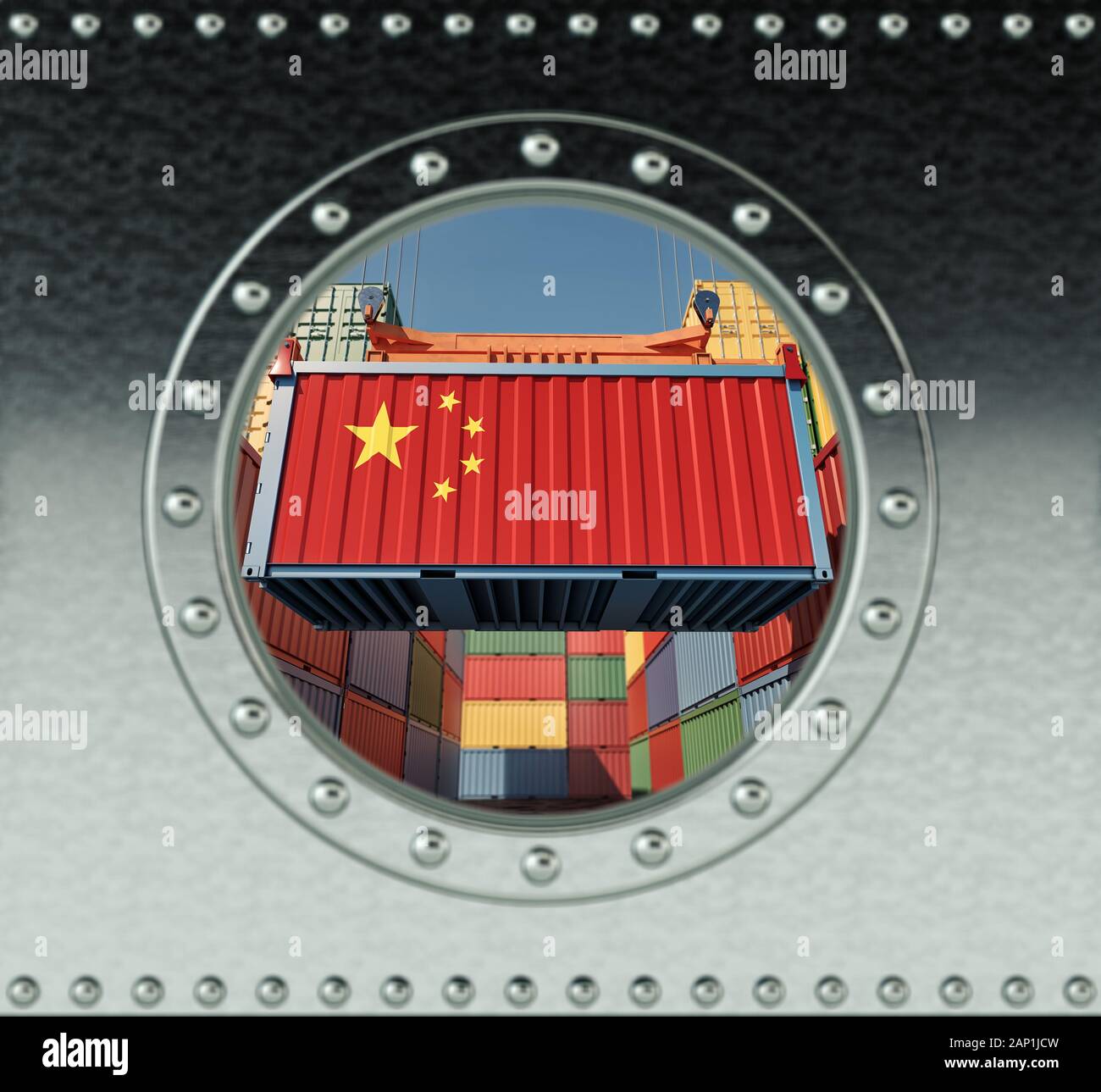Looking through a ship Porthole. Container with China flag being loaded