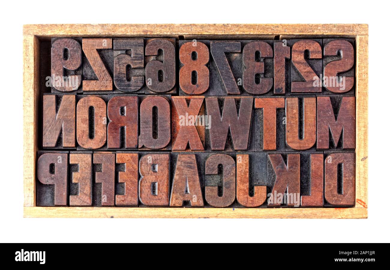 Letters in a type case, block letters made of wood Stock Photo