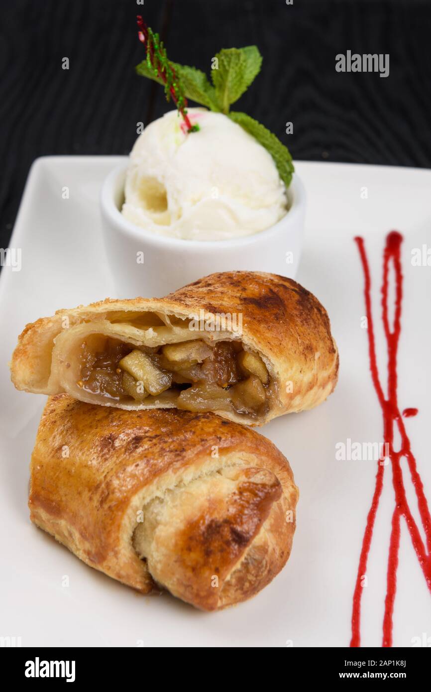Apple strudel with vanilla ice cream Stock Photo