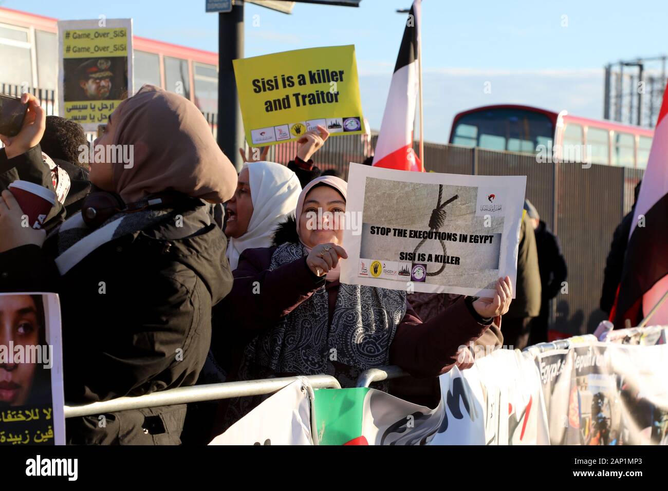 London / UK – January 20, 2020: Opponents of Egypt’s President Abdel Fattah El-Sisi protest outside the UK Africa Investment Summit in Greenwich, London Stock Photo