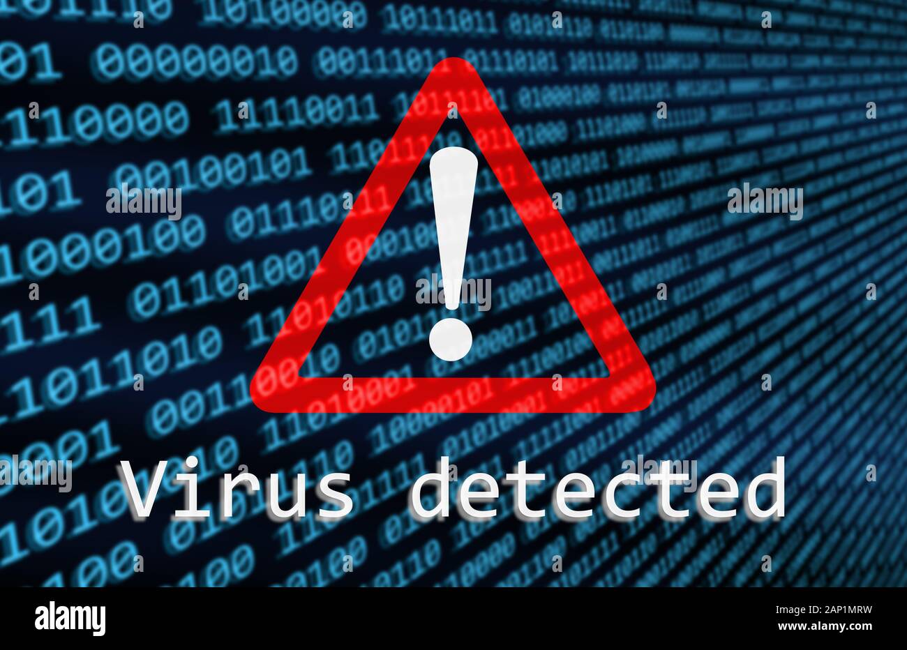 Virus detected warning alert sign over binary computer code, to illustrate a computer infected with a virus. Stock Photo