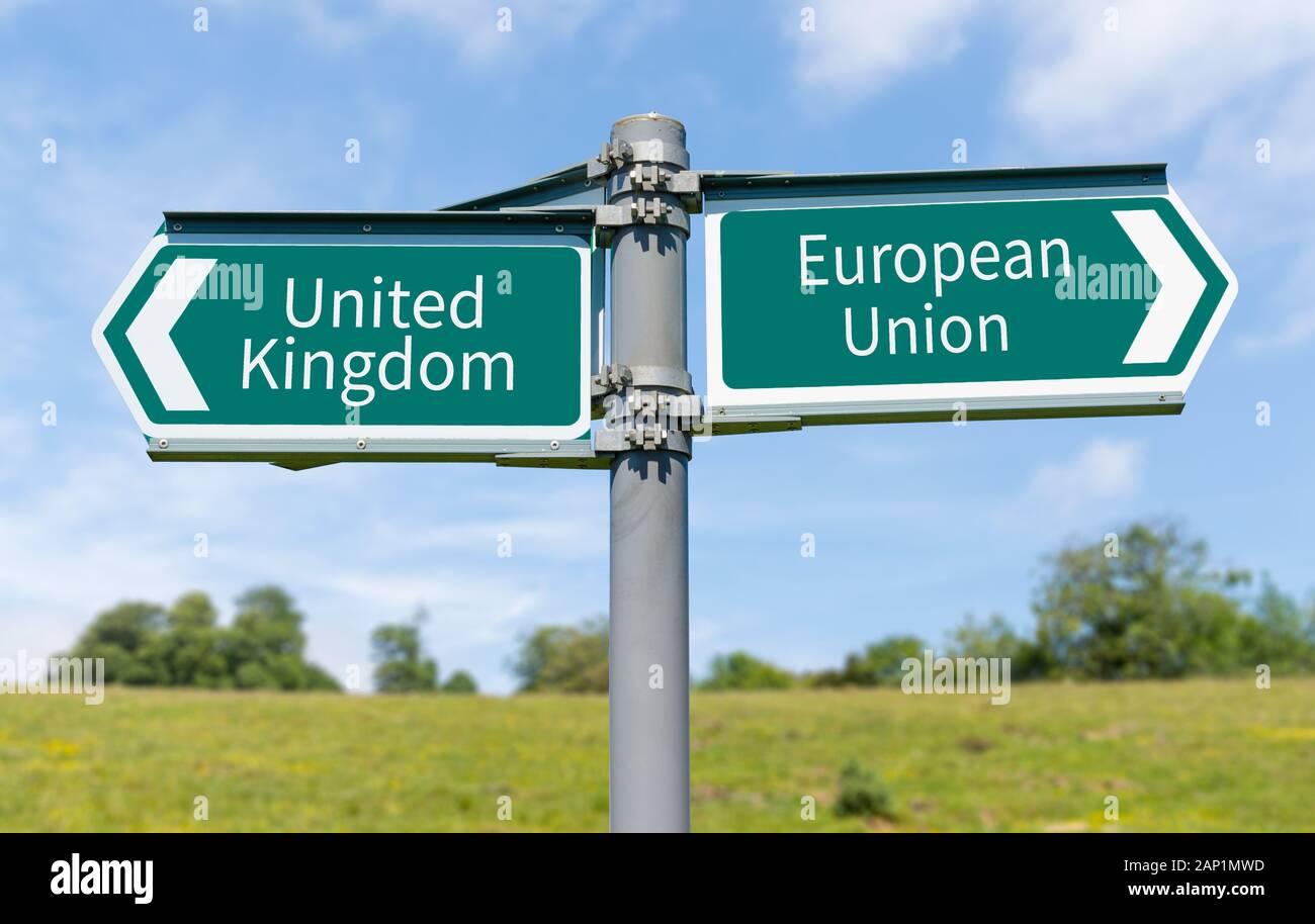 United Kingdom and European Brexit direction signpost, UK & EU Brexit sign. Stock Photo