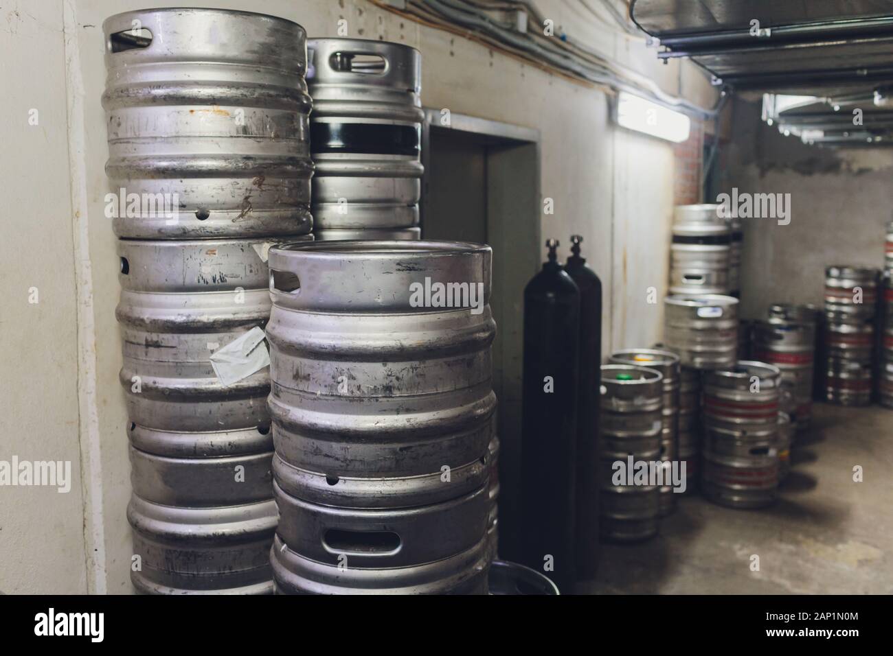 Modern aluminum barrels where grape juice is aged into wine Stock Photo
