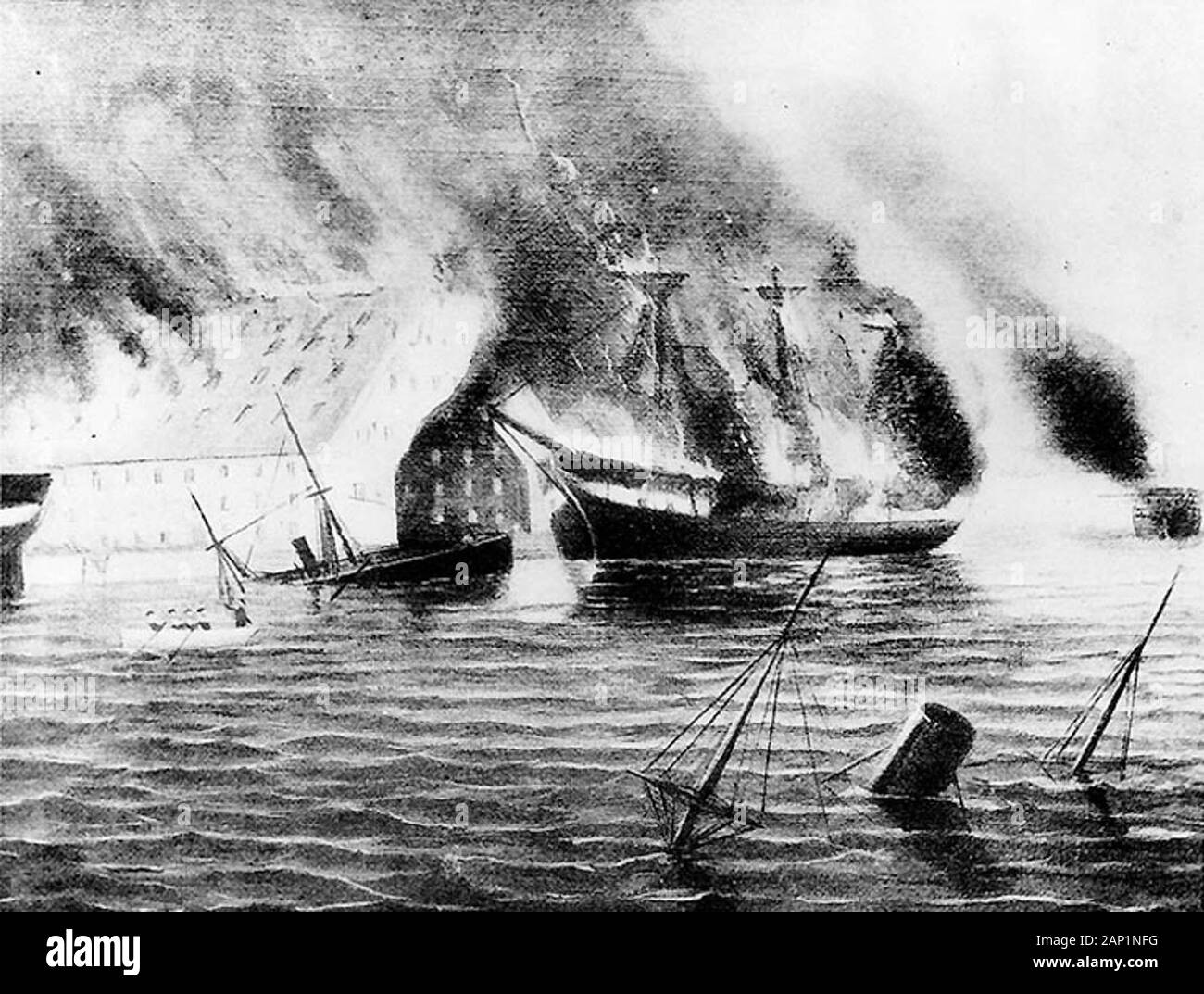 USS Merrimack aflame during the burning of the Norfolk Navy Yard, 20 April 1861 Stock Photo
