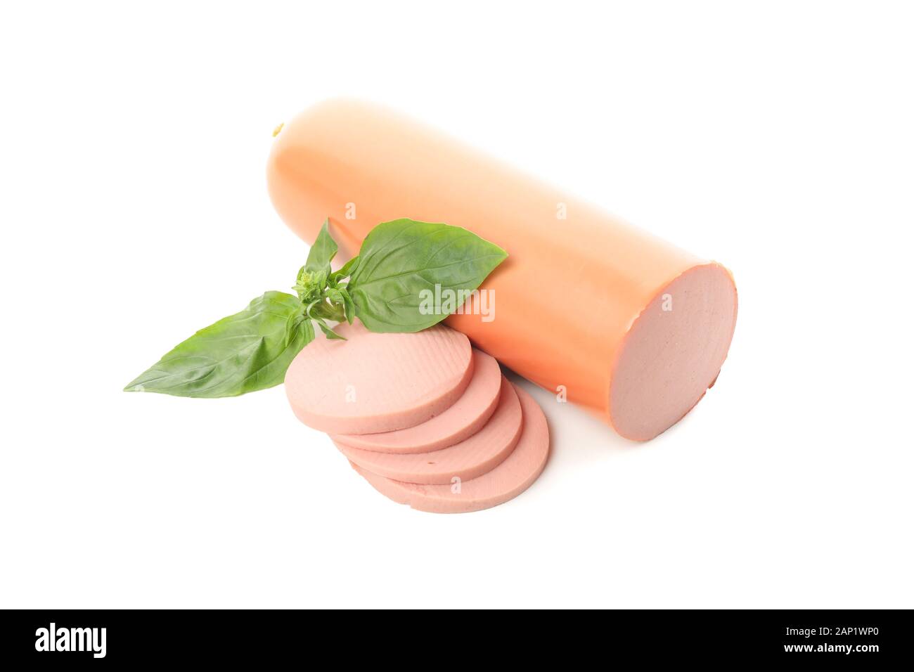 Delicious sausage, slices and basil isolated on white background Stock ...