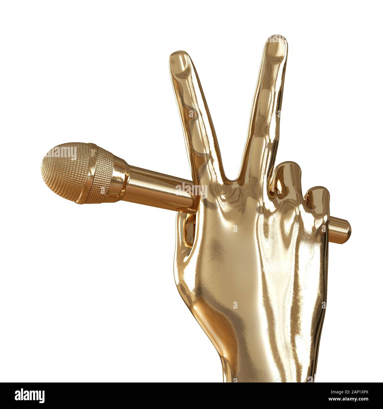 A golden hand with two fingers raised up holds a microphone on white