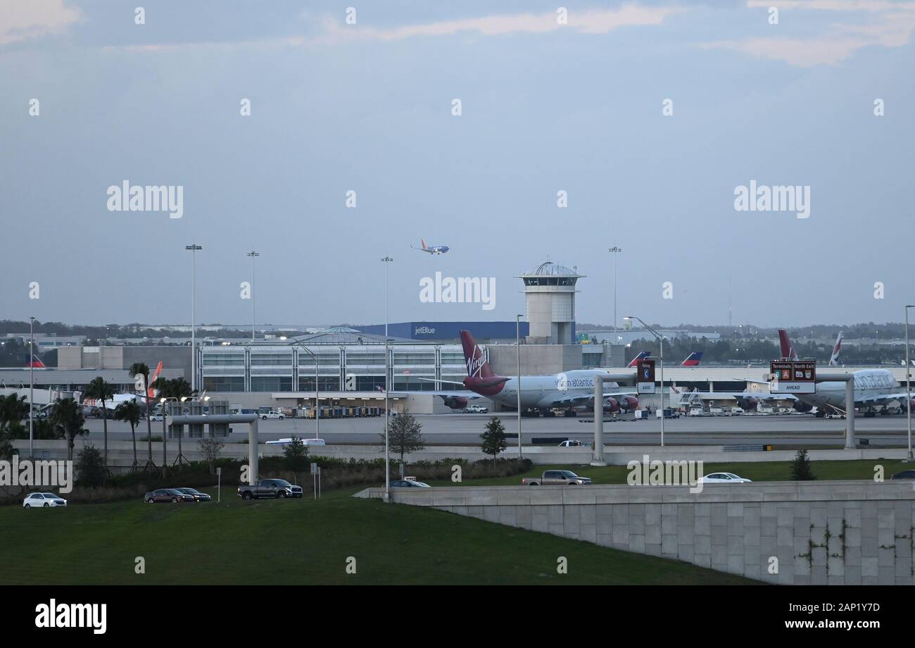 Virgin Atlantic Boeing 747 aircraft sit at the gate at Orlando International Airport. Stock Photo